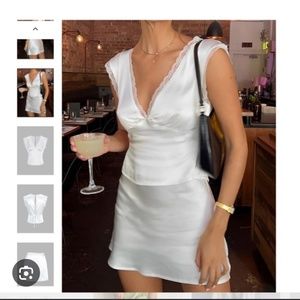 Commense Satin Lace Trim Skirt Set